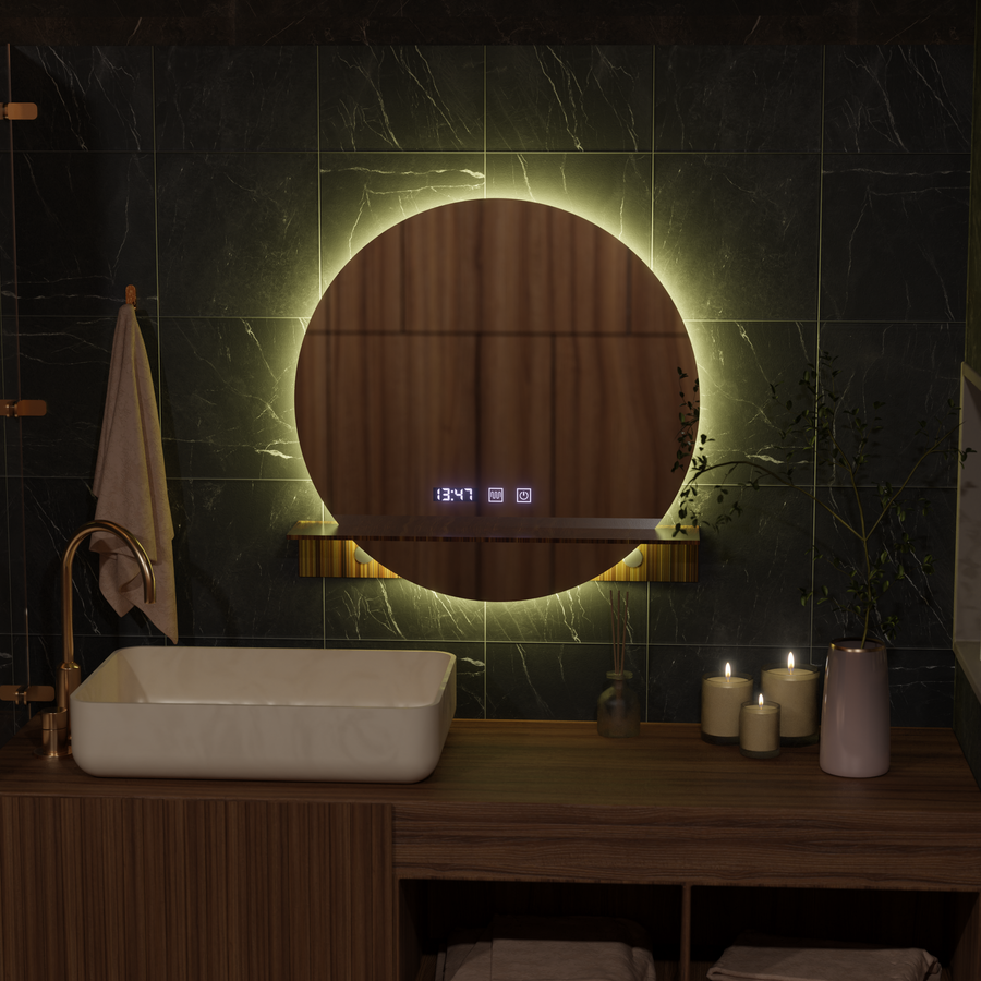 LED Touch Alfred Mirror Defrition Systém, hodiny a teplota 60x60 cm s integrovanou podporou