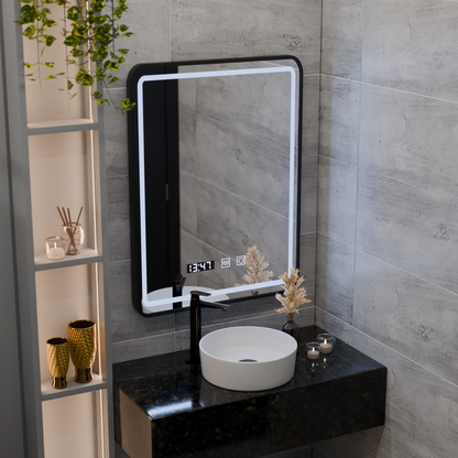 LED Touch Karl Mirror Defrition Systém, hodiny a teplota 50x70 cm Čierny kefový rámec