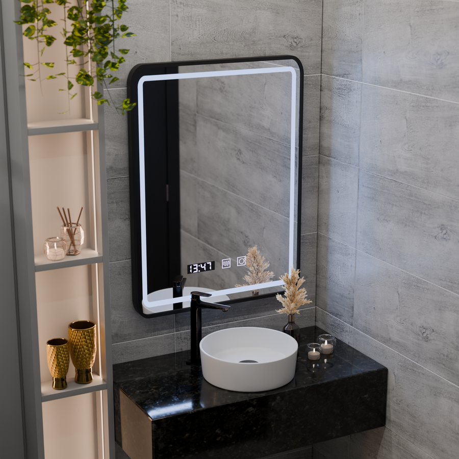 LED Touch Karl Mirror Defrition Systém, hodiny a teplota 50x70 cm Čierny kefový rámec