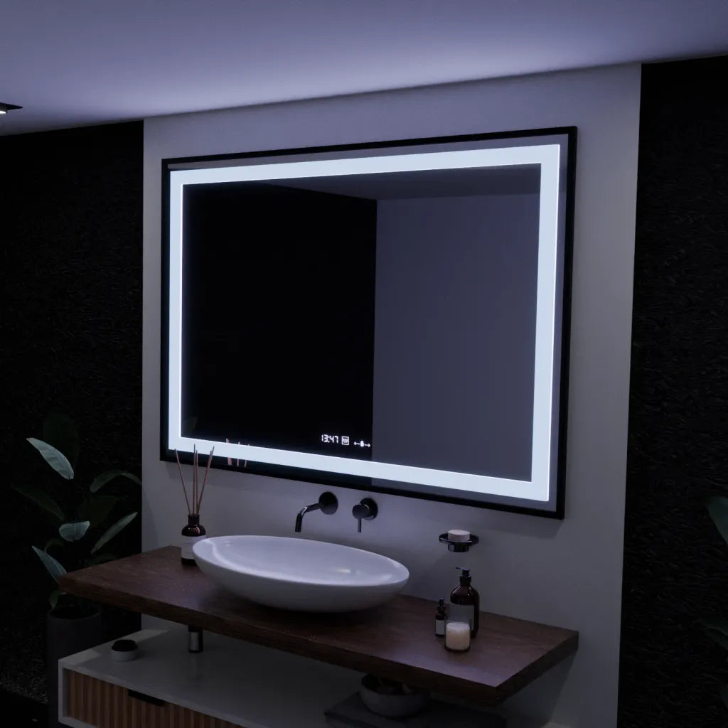 Zrkadlo LED obdĺžnik 100x65cm Verite Majeste noir Motion Glow Marcello Clock DeFRost & Smutable Therometer
