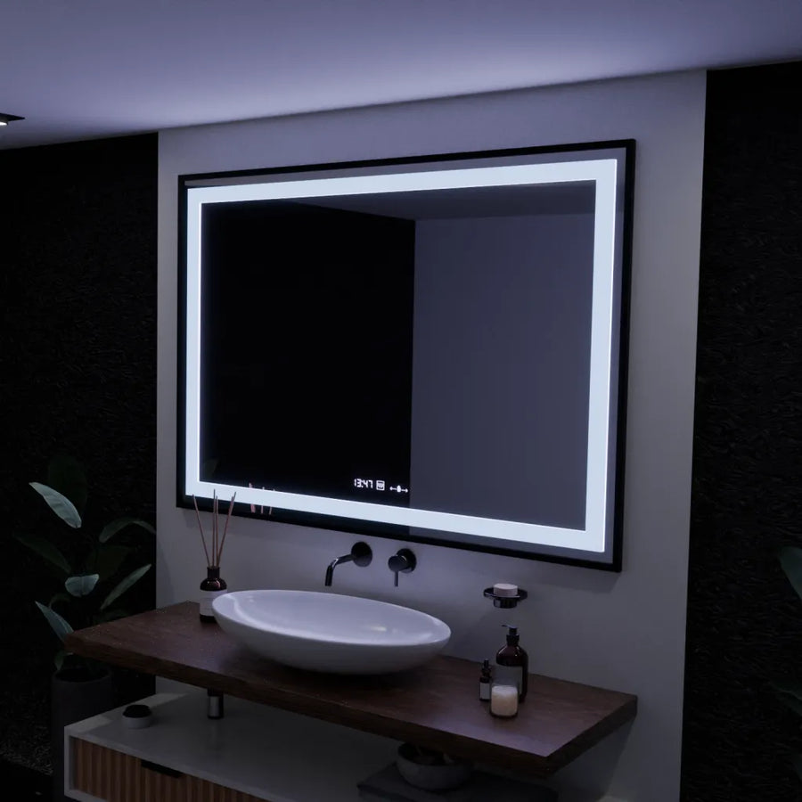 Zrkadlo LED obdĺžnik 100x65cm Verite Majeste noir Motion Glow Marcello Clock DeFRost & Smutable Therometer