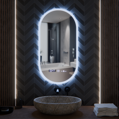 Oválne LED zrkadlo, 50x100cm, Lucia senzor Marcello, Demister System, Hodiny & Teplomer, Stmievateľné
