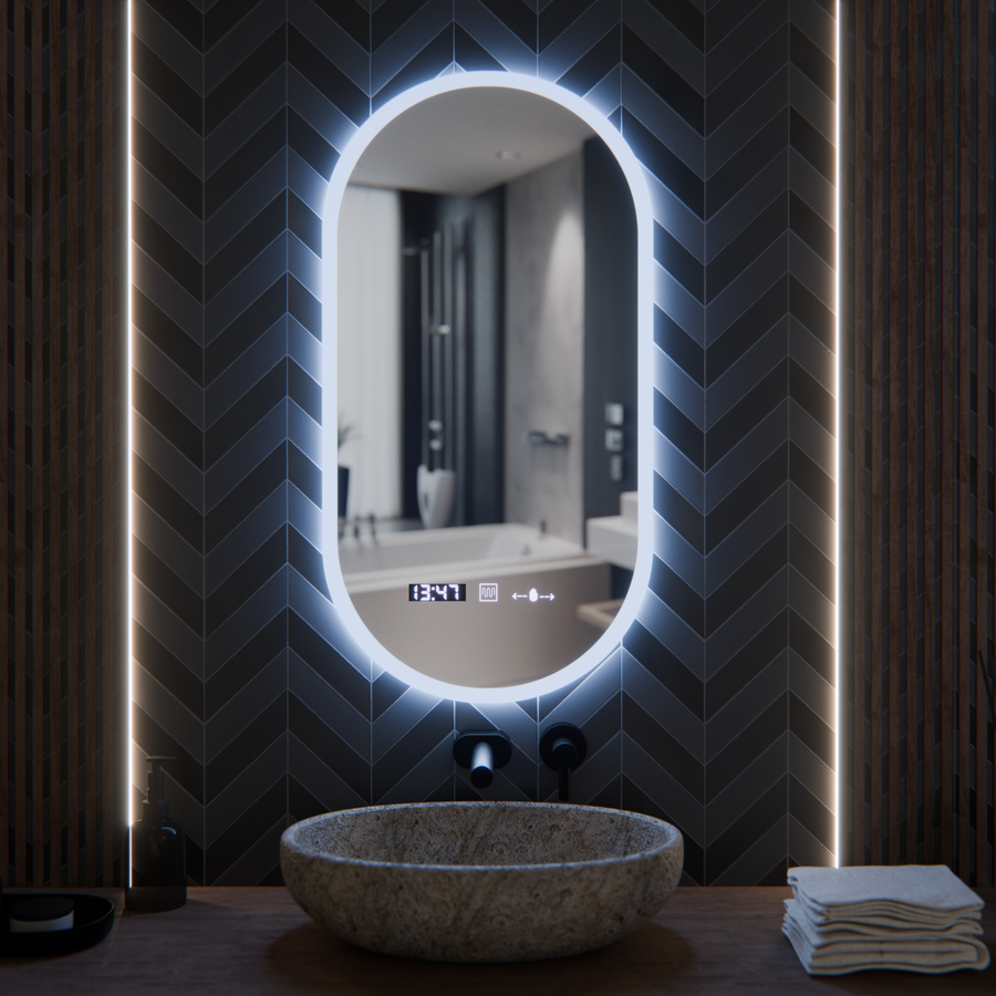 Oválne LED zrkadlo, 50x100cm, Lucia senzor Marcello, Demister System, Hodiny & Teplomer, Stmievateľné