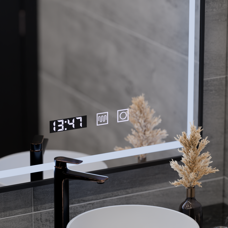 LED Touch Karl Mirror Defrition Systém, hodiny a teplota 50x70 cm Čierny kefový rámec