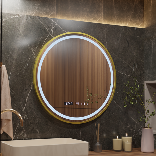 LED okrúhle zrkadlo, 80 cm, Celeste Royale Gold MotionGlow Marcello, systém odhmlievania, hodiny a teplomer, stmievateľné zrkadlá Marcello Predvolený názov Alessandro Design