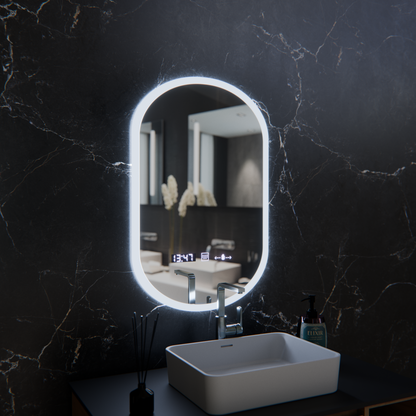 Oválne LED zrkadlo, 50x80cm, Lucia Sensor Marcello, Demister System, Hodiny & Teplomer, Stmievateľné