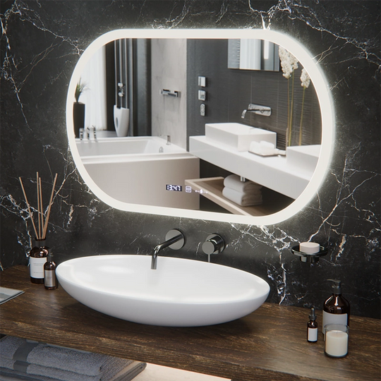 Oválne LED zrkadlo, 80x50cm, Altera Marcello MotionGlow Sensor, Demister System, Hodiny & Teplomer, Stmievateľné