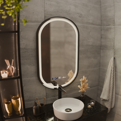 Zrkadlo LED Touch Helmut Defrition Systém, hodiny a teplota 50x80 cm Čierny kefový rámec