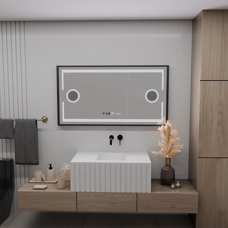 LED zrkadlové Motionglow Sensor Domingo s odmrazovaním funkcie rozmrazovania 120x65 cm studené/teplé svetlo, čierny kefovaný rám, zbierka Marcello Funghi Collection