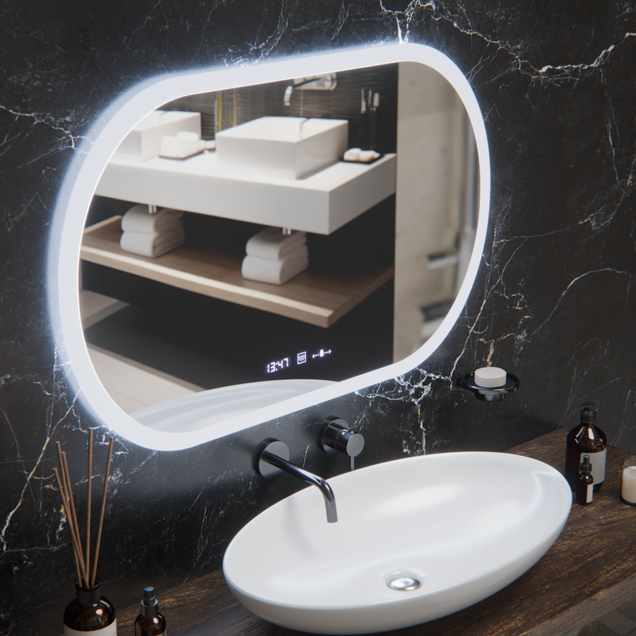 Oválne LED zrkadlo, 80x50cm, Altera Marcello MotionGlow Sensor, Demister System, Hodiny & Teplomer, Stmievateľné