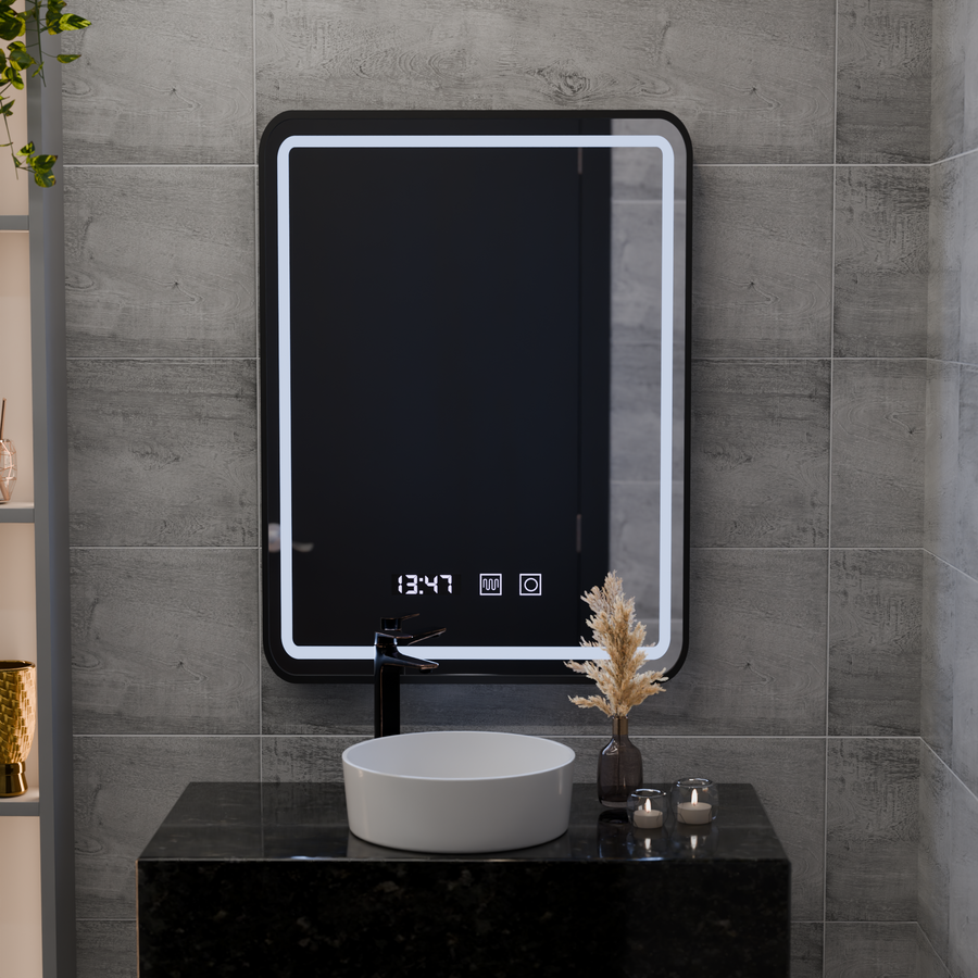 LED Touch Karl Mirror Defrition Systém, hodiny a teplota 50x70 cm Čierny kefový rámec