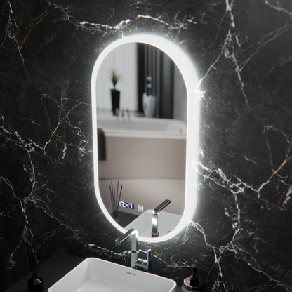 Oválne LED zrkadlo, 50x100cm, Lucia senzor Marcello, Demister System, Hodiny & Teplomer, Stmievateľné
