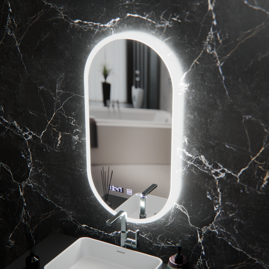 Oválne LED zrkadlo, 50x100cm, Lucia senzor Marcello, Demister System, Hodiny & Teplomer, Stmievateľné