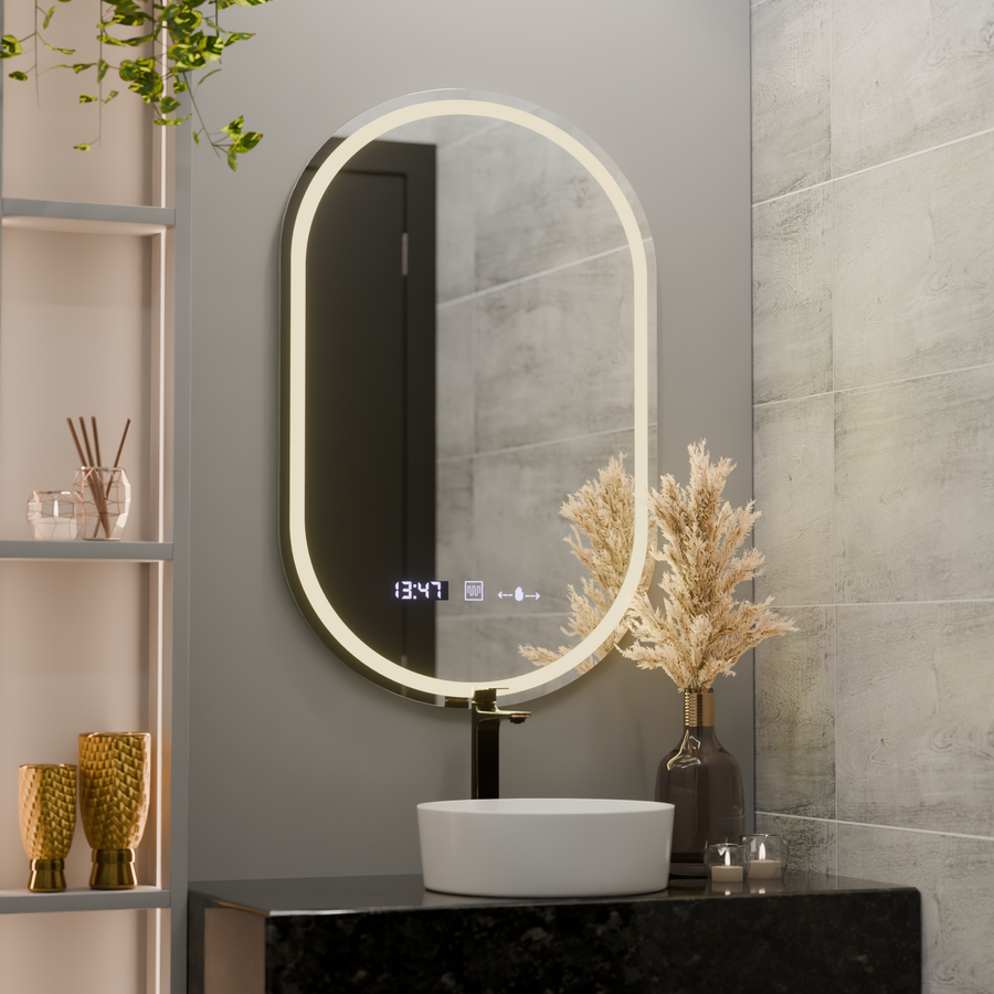 Oválne LED zrkadlo 50x80cm Eminence Motionglow MARCLELEL SMEABLE CLOCK SYSTÉM A SMIELOBNÝ TERMOMERMOMOMOMOMOMER