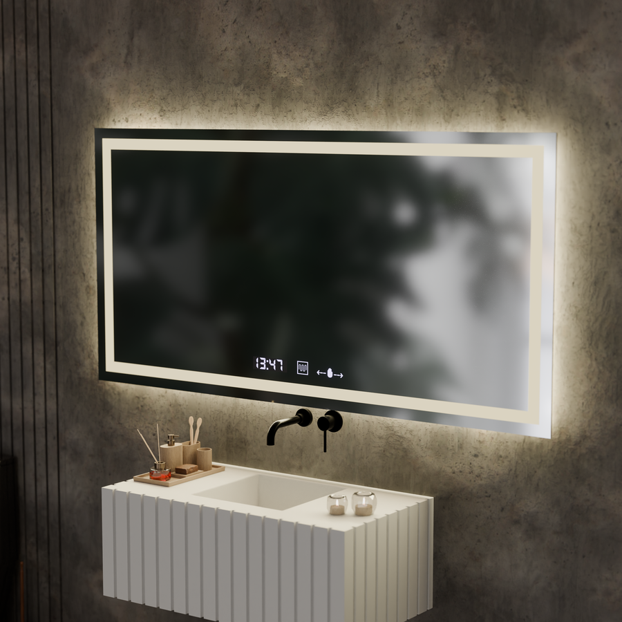 Obdĺžnikové LED zrkadlo 120x60cm Verite Motionglow Marcellow Smoteble Clock Defosting System