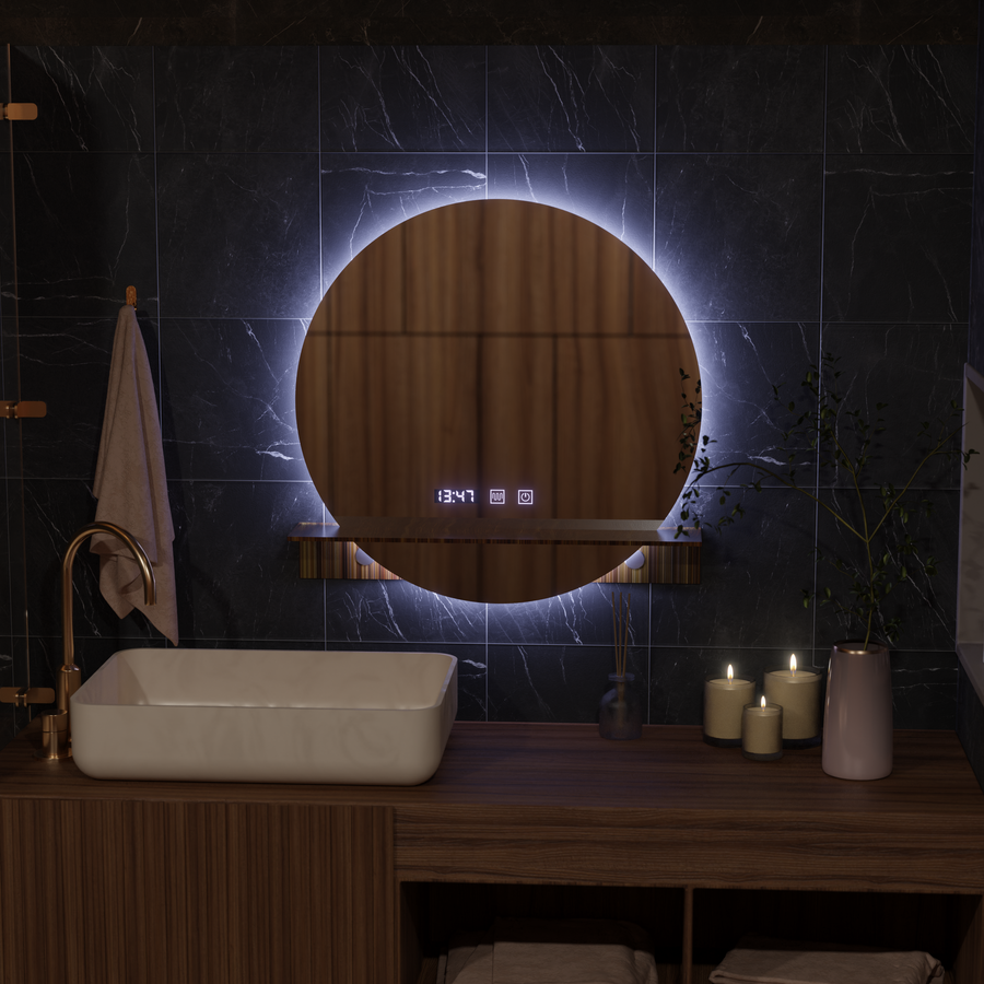 LED Touch Alfred Mirror Defrition Systém, hodiny a teplota 60x60 cm s integrovanou podporou