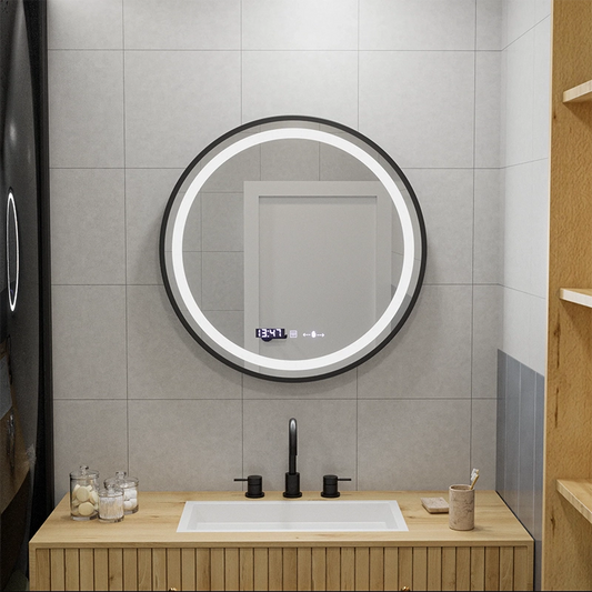 LED okrúhle zrkadlo, 70 cm, Celeste Majeste Noir MotionGlow Marcello, Demister System, Hodiny & Teplomer, Stmievateľné