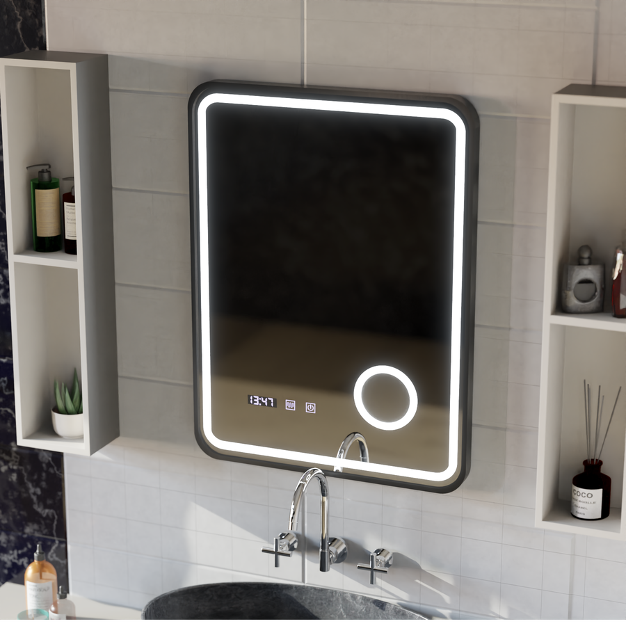 Zrkadlové LED dotyk Ulrich DeBraulation Systém, hodiny a teplota 60x80 cm Čierna ramahed kozmetika LUP