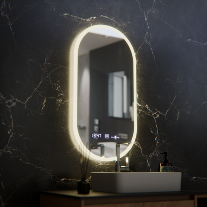 Oválne LED zrkadlo, 50x100cm, Lucia senzor Marcello, Demister System, Hodiny & Teplomer, Stmievateľné