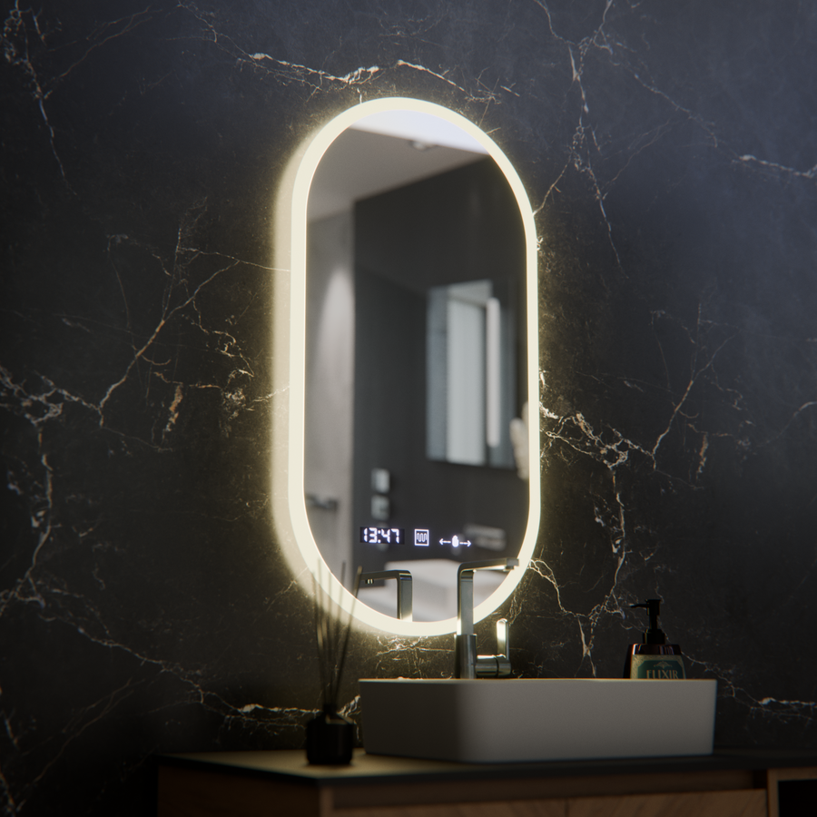 Oválne LED zrkadlo, 50x100cm, Lucia senzor Marcello, Demister System, Hodiny & Teplomer, Stmievateľné