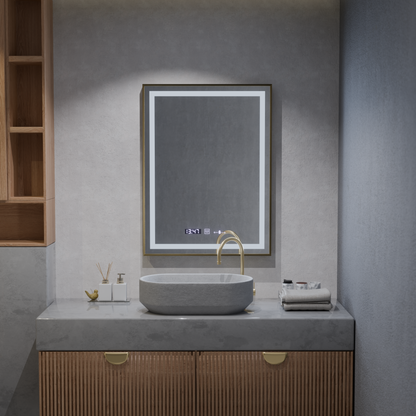 Zrkadlo LED obdĺžnikový 60x80cm Verite Royale Gold Motionglow Marcello Smoteble Clock Defosting System