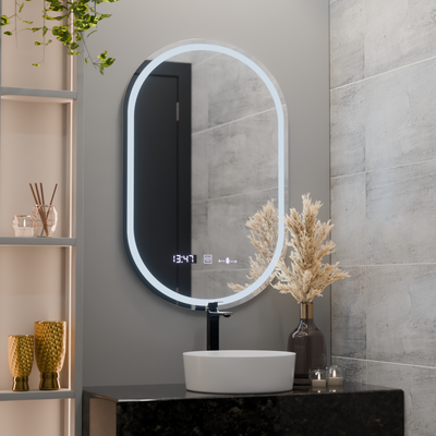 Oválne LED zrkadlo 50x80cm Eminence Motionglow MARCLELEL SMEABLE CLOCK SYSTÉM A SMIELOBNÝ TERMOMERMOMOMOMOMOMER