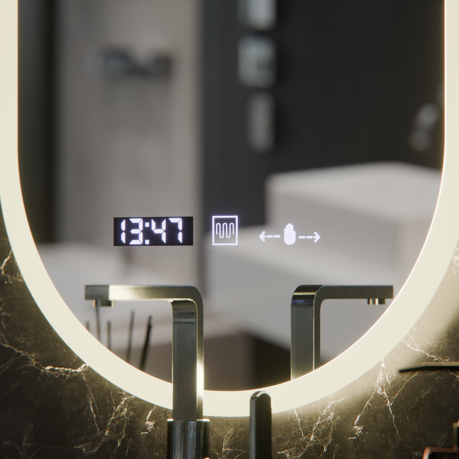 Oválne LED zrkadlo, 50x80cm, Lucia Sensor Marcello, Demister System, Hodiny & Teplomer, Stmievateľné