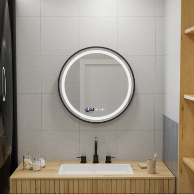 60 cm okrúhle LED zrkadlo Majesté noir Motionglow Marcello Smoteble Clock Defosting System