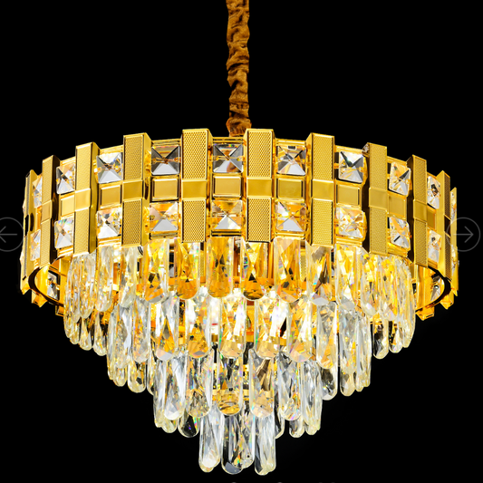Candelabru Cristal AURELIO Radiante 8xE14, Diametru 60cm, Auriu Lucios, Inaltime Regrabila
