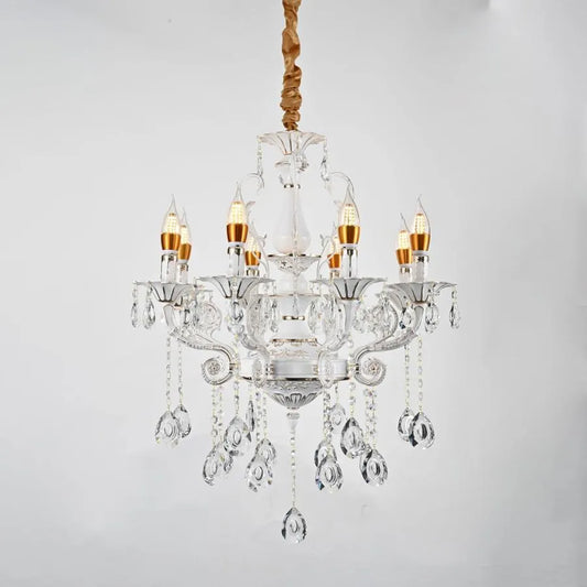 Crystal Luster Bruchier 8x E14, priemer 65 cm, biela so zlatom, nastaviteľná výška