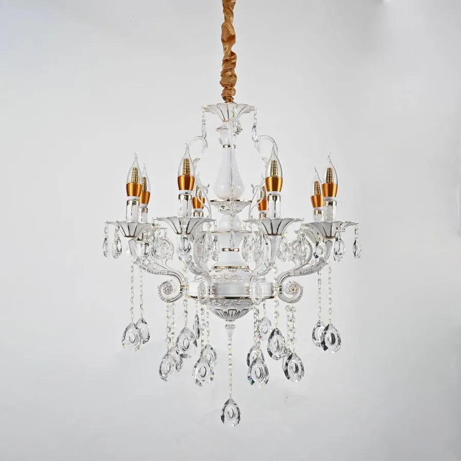 Crystal Luster Bruchier 8x E14, priemer 65 cm, biela so zlatom, nastaviteľná výška