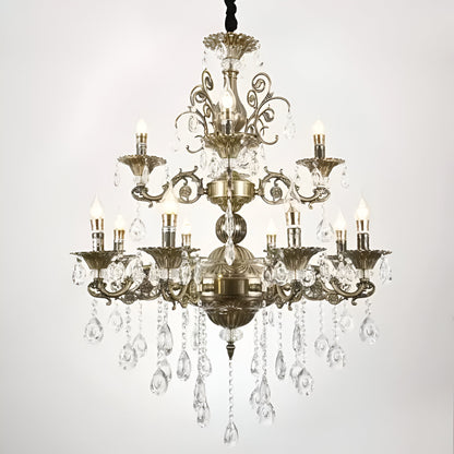 Candelabru sansoiu Royal 12xE14 Kov a kryštálová nastaviteľná výška starožitná mosadz