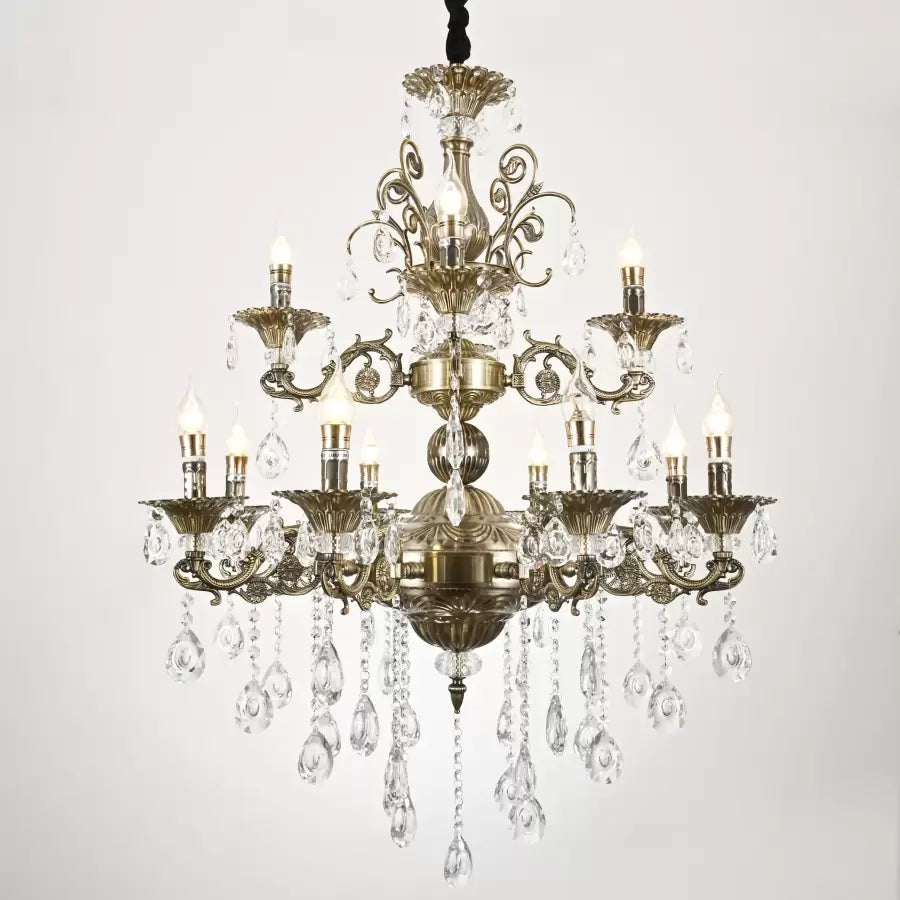 Candelabru sansoiu Royal 12xE14 Kov a kryštálová nastaviteľná výška starožitná mosadz