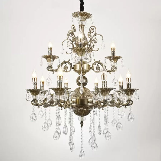 Candelabru sansoiu Royal 12xE14 Kov a kryštálová nastaviteľná výška starožitná mosadz