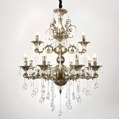 Candelabru sansoiu Royal 12xE14 Kov a kryštálová nastaviteľná výška starožitná mosadz