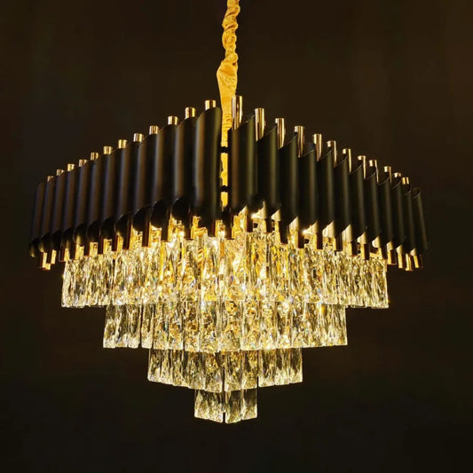 Crystal Luster Versailles eleganza 7x E14, priemer 49 cm, lesklé a čierne zlato, nastaviteľná výška