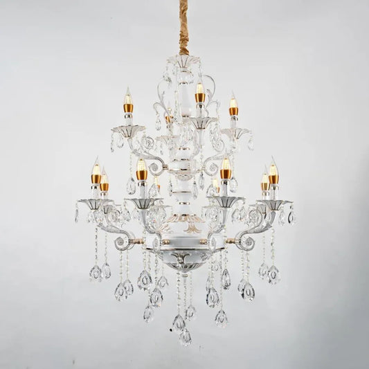 Crystal Luster Bruchier 12x E14, priemer 75 cm, biela so zlatom, nastaviteľná výška