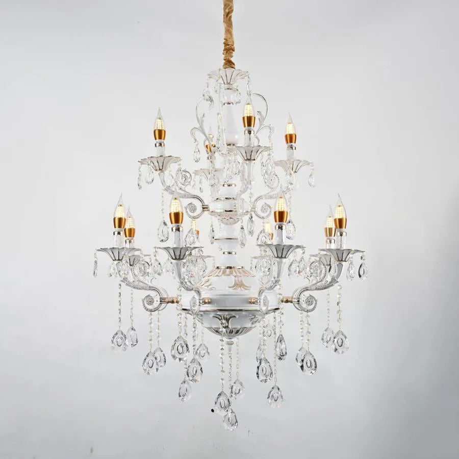 Crystal Luster Bruchier 12x E14, priemer 75 cm, biela so zlatom, nastaviteľná výška