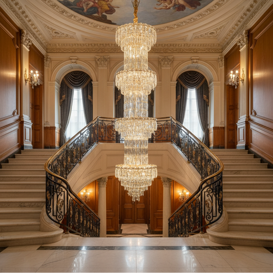 Candelabru Cristal IMPERIUM 45xE14, D55 cm, Auriu, Inaltime Reglabila, Metal si Cristal