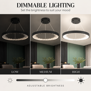 Závesný LED luster s diaľkovým ovládaním, kryštály K9, 28W, 1 kruh, studené/teplé/neutrálne svetlo, stmievateľné, čierne, výškovo nastaviteľné