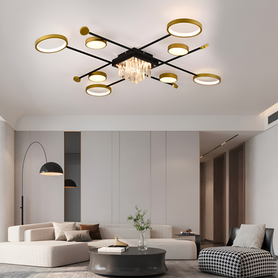 LED luster s diaľkovým ovládaním a kryštálom GUIDA 46W, 8 prvkov, studené/teplé/neutrálne svetlo, stmievateľné, čierne zlato