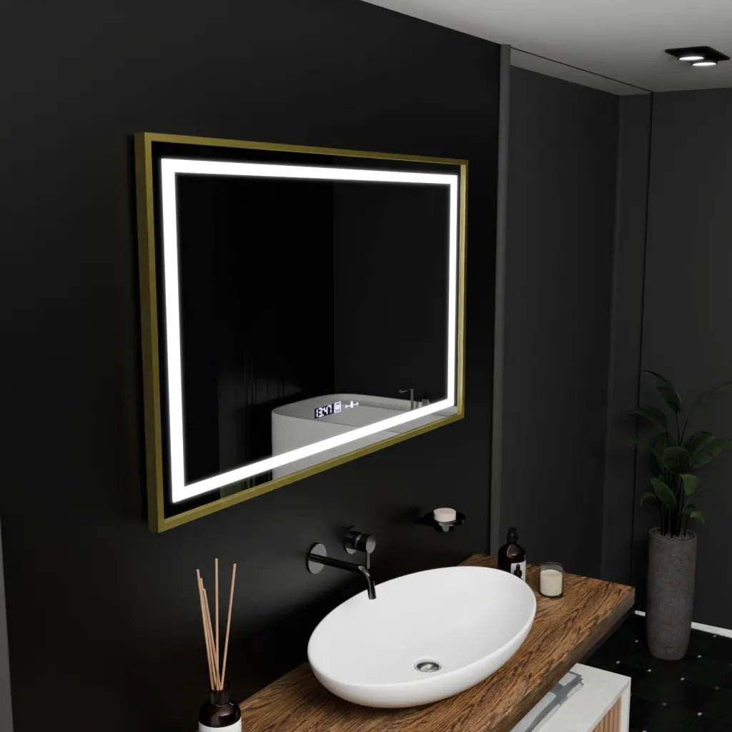 Zrkadlové obdĺžnikové obdĺžnikové 100x80cm Verite Royale Gold Motion Glow Marcello Smoteble Clock Defosting System