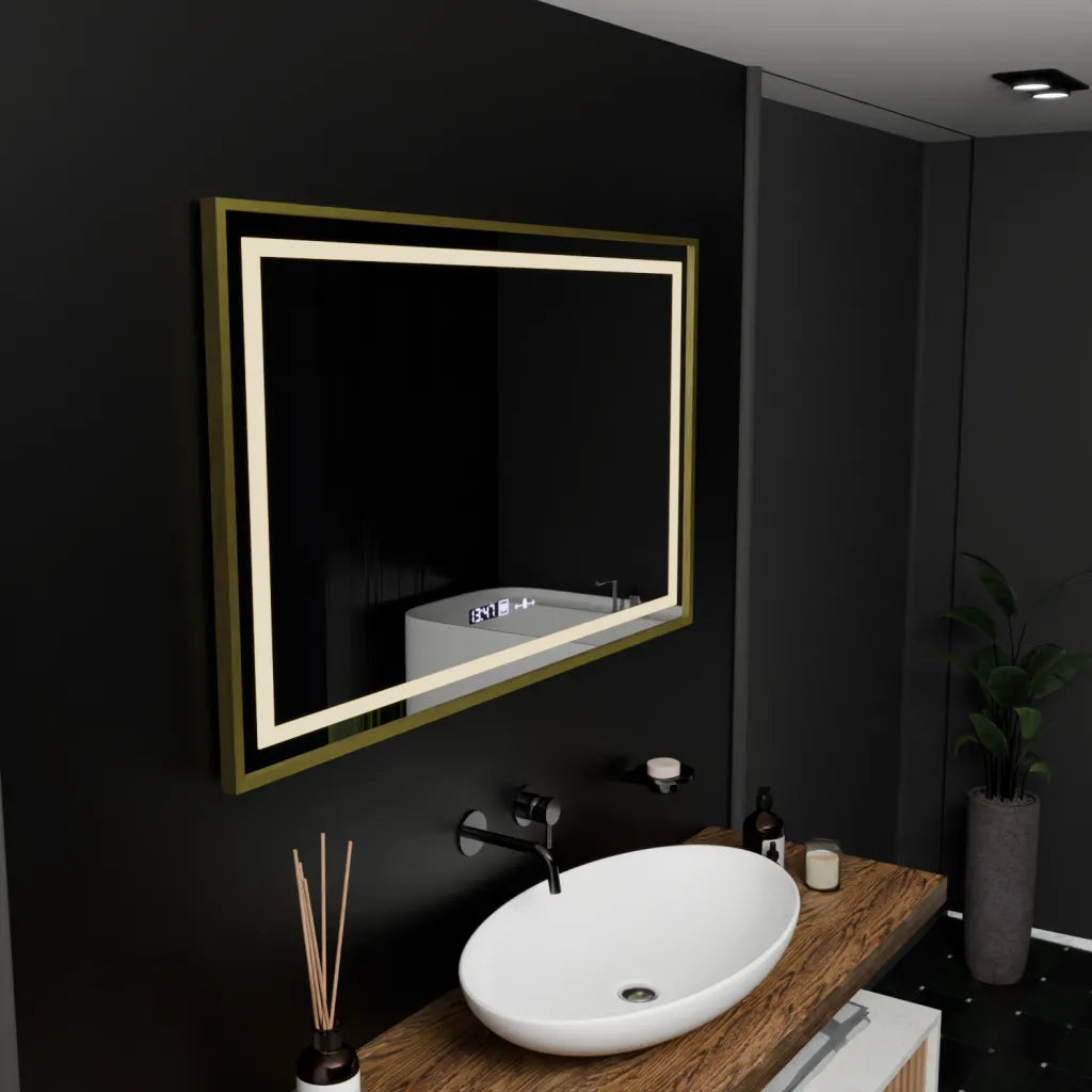 Zrkadlové obdĺžnikové obdĺžnikové 100x80cm Verite Royale Gold Motion Glow Marcello Smoteble Clock Defosting System