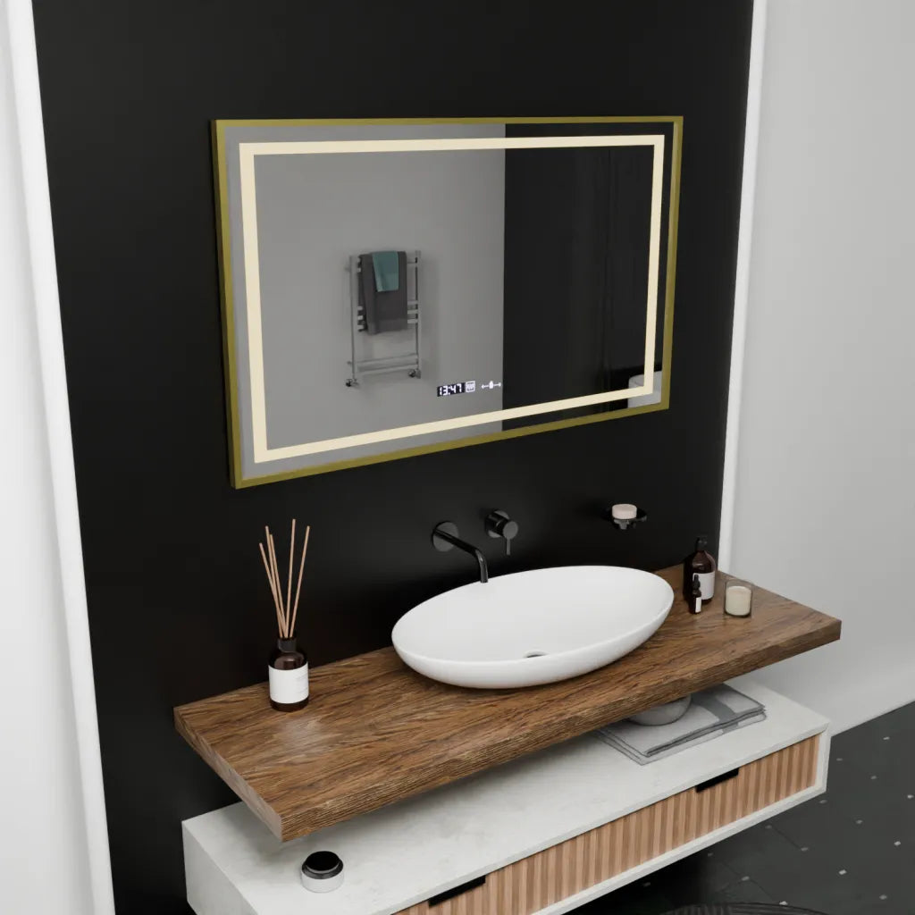 Zrkadlové obdĺžnikové obdĺžnikové 100x80cm Verite Royale Gold Motion Glow Marcello Smoteble Clock Defosting System