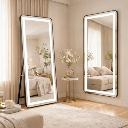 Obdĺžnikové LED zrkadlo, čierny rám, 50x160 cm, stmievateľné, studené/teplé/neutrálne svetlo, župan