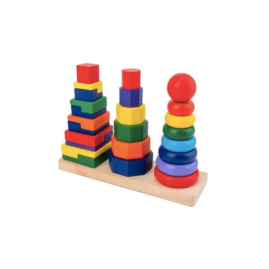 Vzdelávacia hra s geometrickými tvarmi typu pyramídy, 3 kusy, drevo
