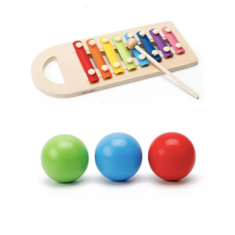 Interaktívny hračkový typ hudobnej skrinky s xylofónom a viacfarebnými loptičkami, 6 kusov, drevo