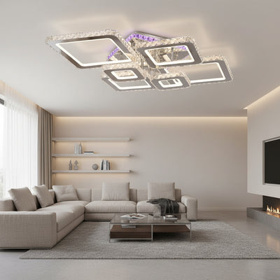 LED luster s diaľkovým ovládaním a krištáľom NOVA RHOMBA RGB 168W, 6 štvorcových, studené/teplé/neutrálne svetlo, stmievateľné, lesklý chróm