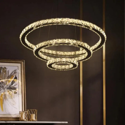 LED LED LUD LUMINIS, 78W, kryštál a kov, 3 kruhy, smotabilná, nastaviteľná výška, studené/horúce/neutrálne svetlo, luxusné osvetlenie