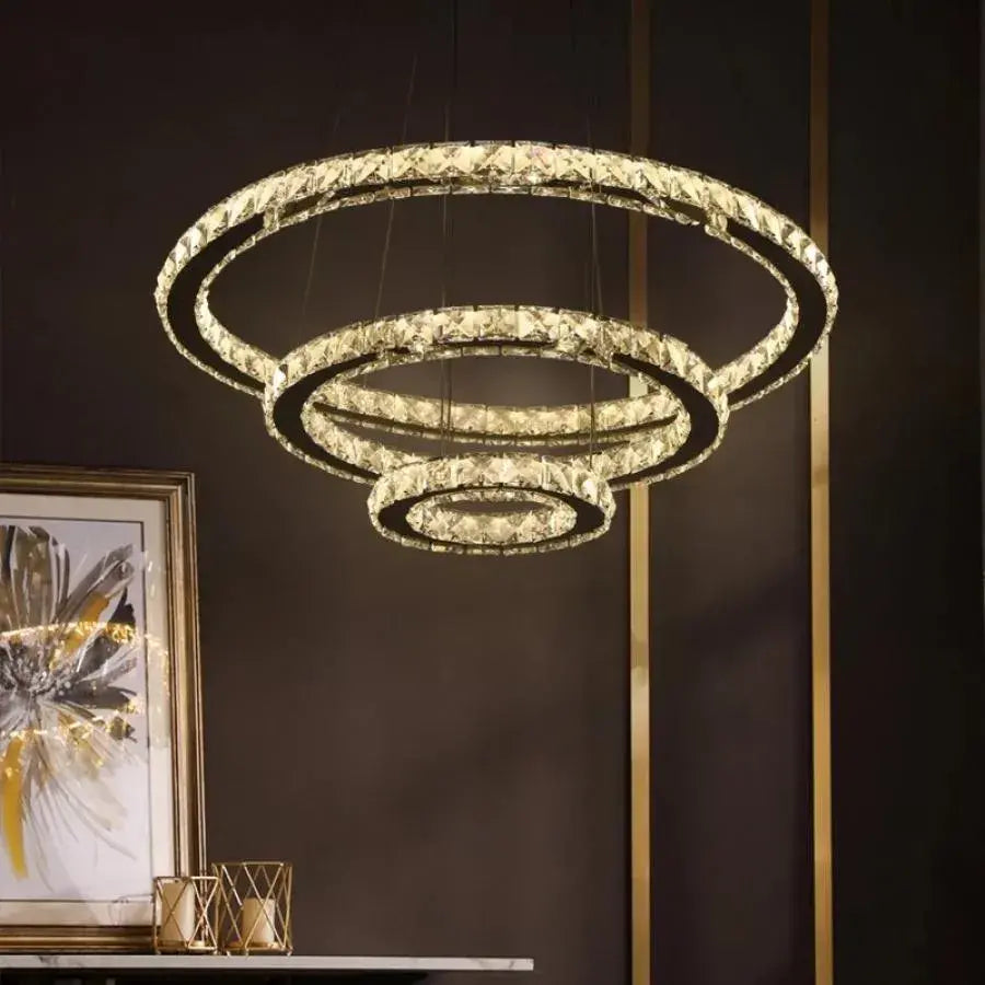 LED LED LUD LUMINIS, 78W, kryštál a kov, 3 kruhy, smotabilná, nastaviteľná výška, studené/horúce/neutrálne svetlo, luxusné osvetlenie